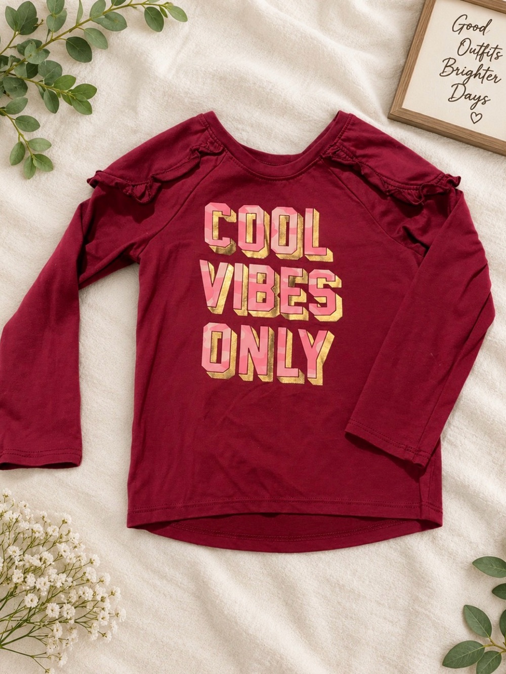 Kids Long-Sleeve Shirt - Cool Vibes Only (Burgundy)